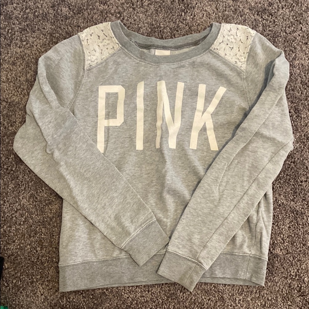 PINK Victoria's Secret Light Gray Sweatshirt with Lace Accents